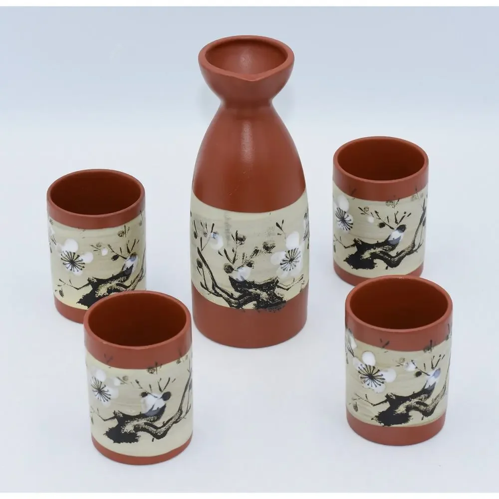 Vintage Japanese Cherry Blossom Hand Decorated Red Stoneware Sake Set - 5pc NEW